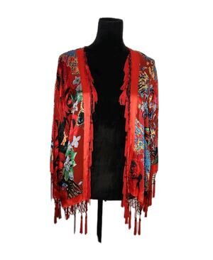 Aria A Vintage Beaded Tassels Silk Blend Floral Kimono Red Multicolor Gipsy Boho